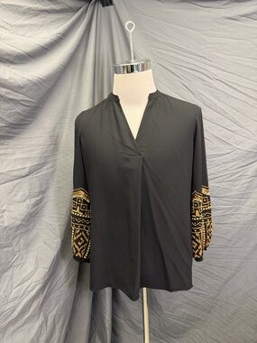 Chico's Black Blouse with Gold Beaded and Embroidered Sleeves, size 1 (8-10)